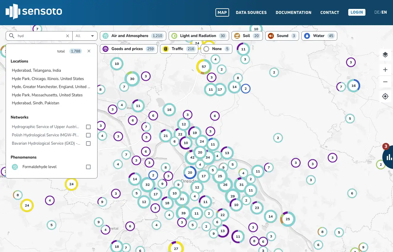 Screenshot von SENSOTO, der die Sensorstandorte in der Stadt Dresden zeigt.
