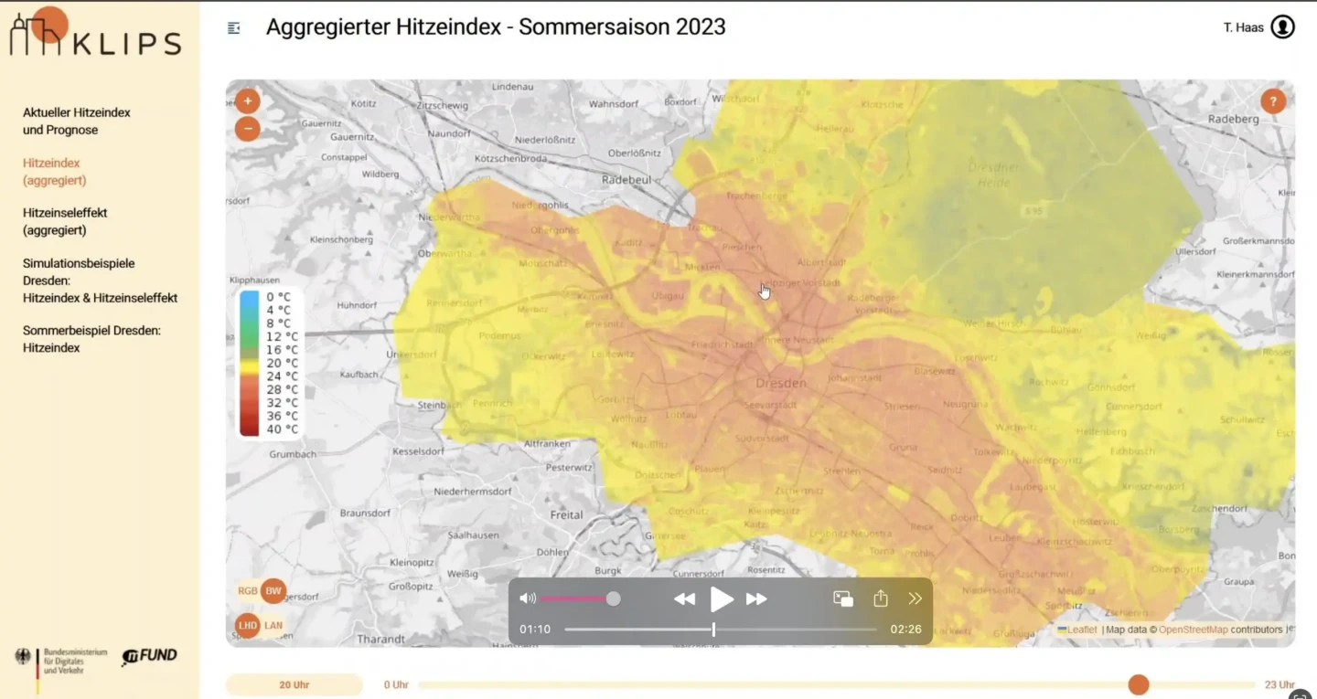 Eine Kartenanwendung mit dem Titel “Aggregierter Hitzeindex - Sommersaison 2023” zeigt die farbig ausgefüllte Fläche Dresdens.