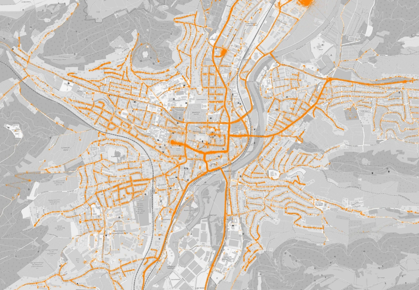 Eine in Grautönen gehaltene Karte mit orange gefärbten Routen veranschaulicht die Datendichte in Jena.