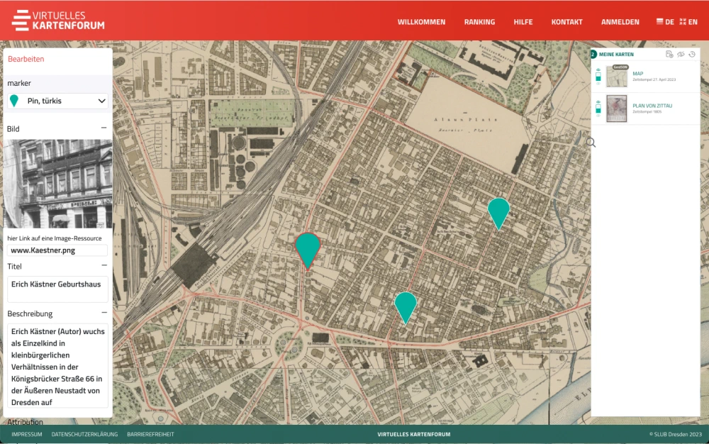 Auszug aus dem Virtuellen Kartenforum, mit Historischer Karte von Dresden Neustadt.
