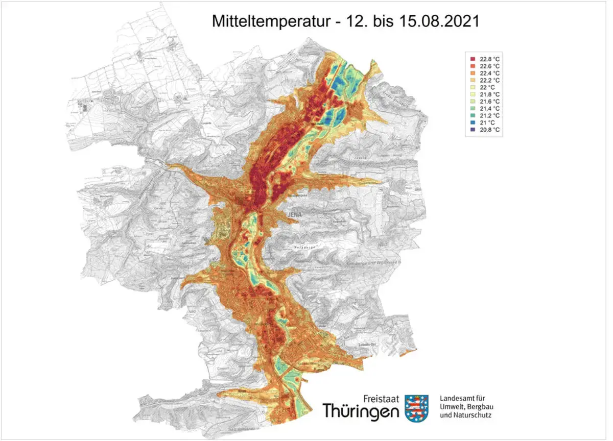 Eine Karte der Stadt Jena mit einer Auswertung zur mittleren Lufttemperatur.